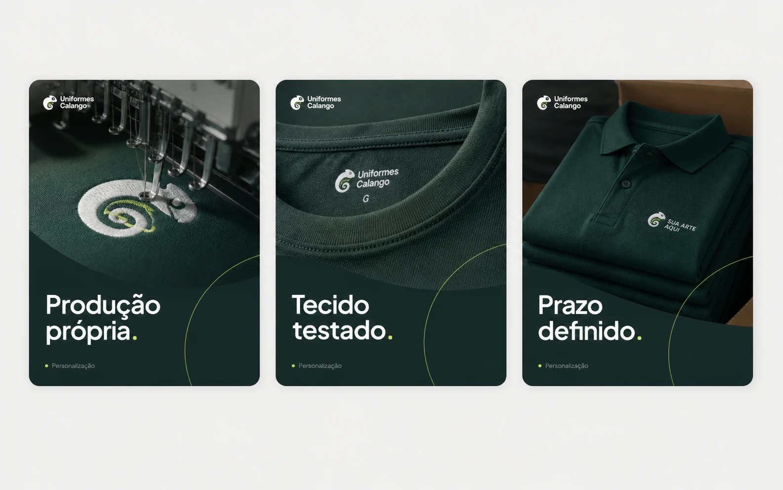 Uniformes Calango editorial system applied to three social posts