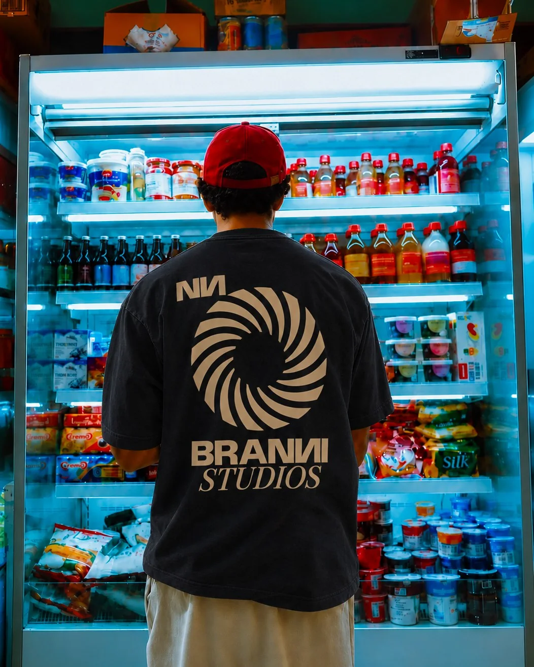 Model in a convenience store, showing the gold print on the back of a BRANNI T-shirt