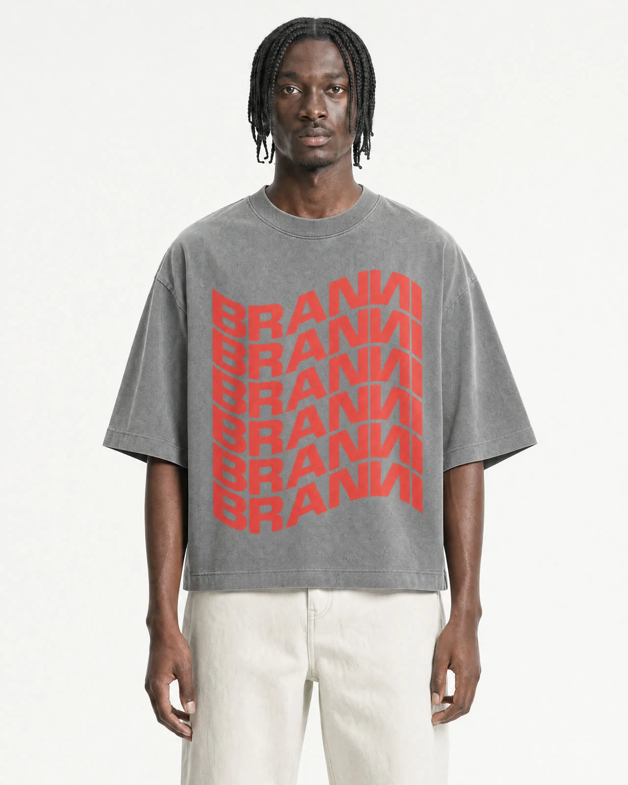 Model wearing a light BRANNI T-shirt, front view
