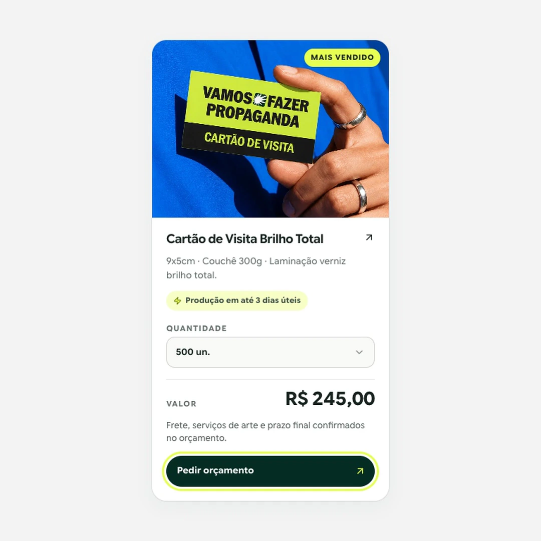 Aplic business card product: selects 500 units, updates the price, and highlights the request a quote button