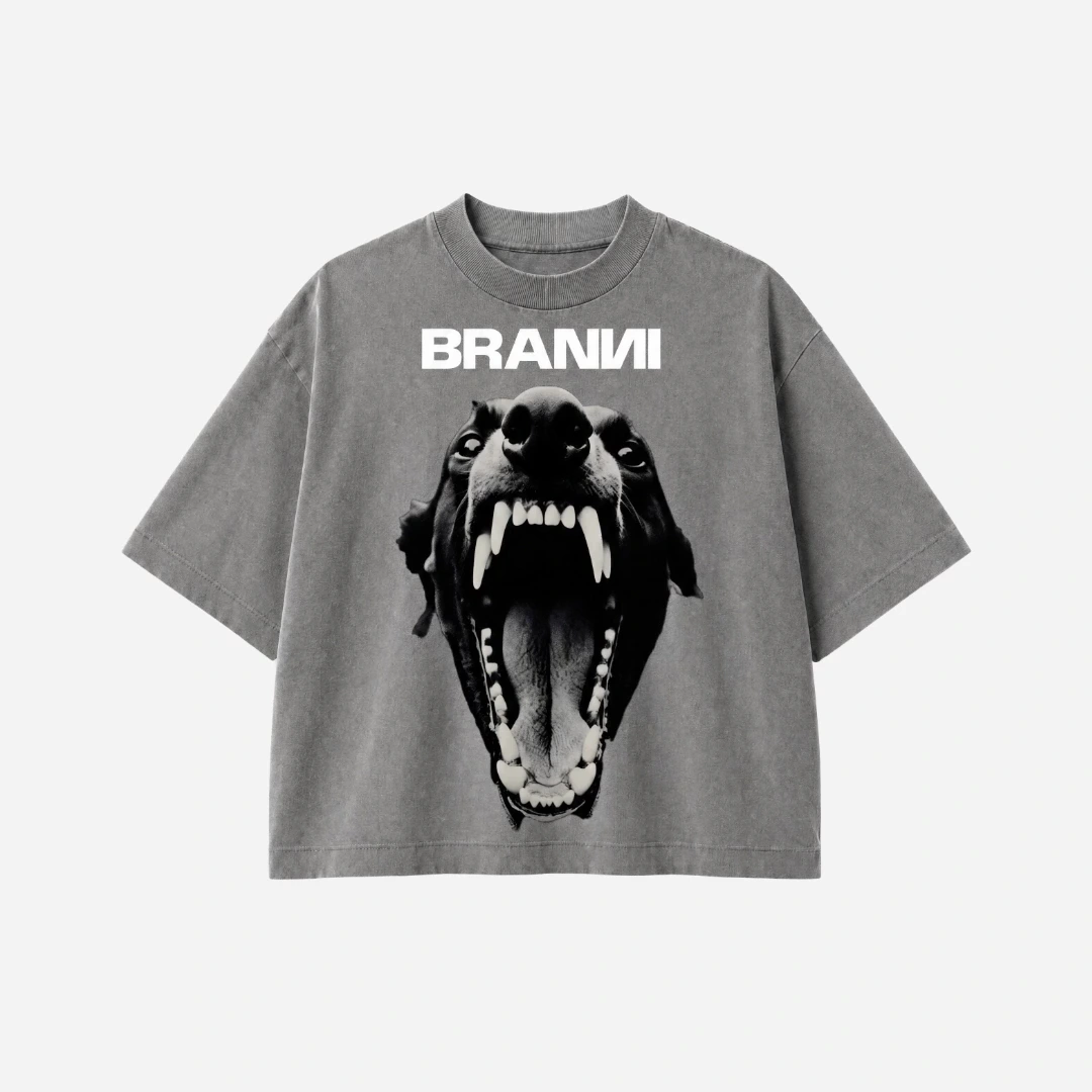 Ten views of BRANNI shirts alternate gray and black pieces, showing graphics on the front and back